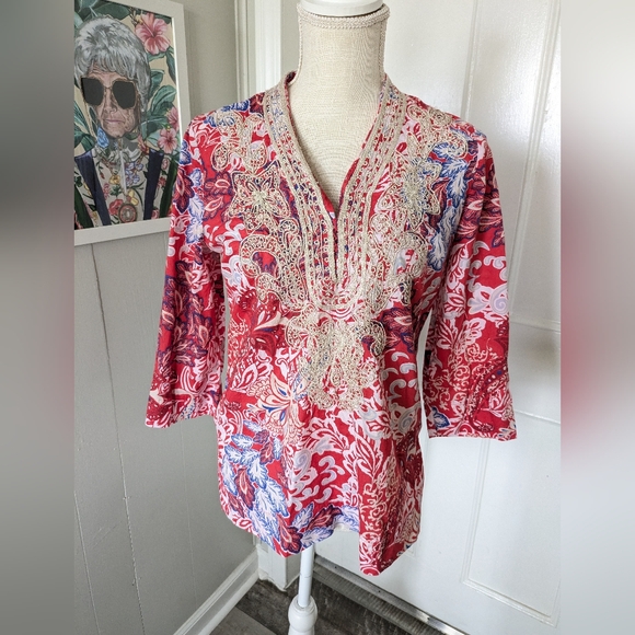 CHARTER CLUB Cotton Peasant Tunic Top Blouse Petite Sm Gold Boho Colorful Travel - Picture 3 of 8